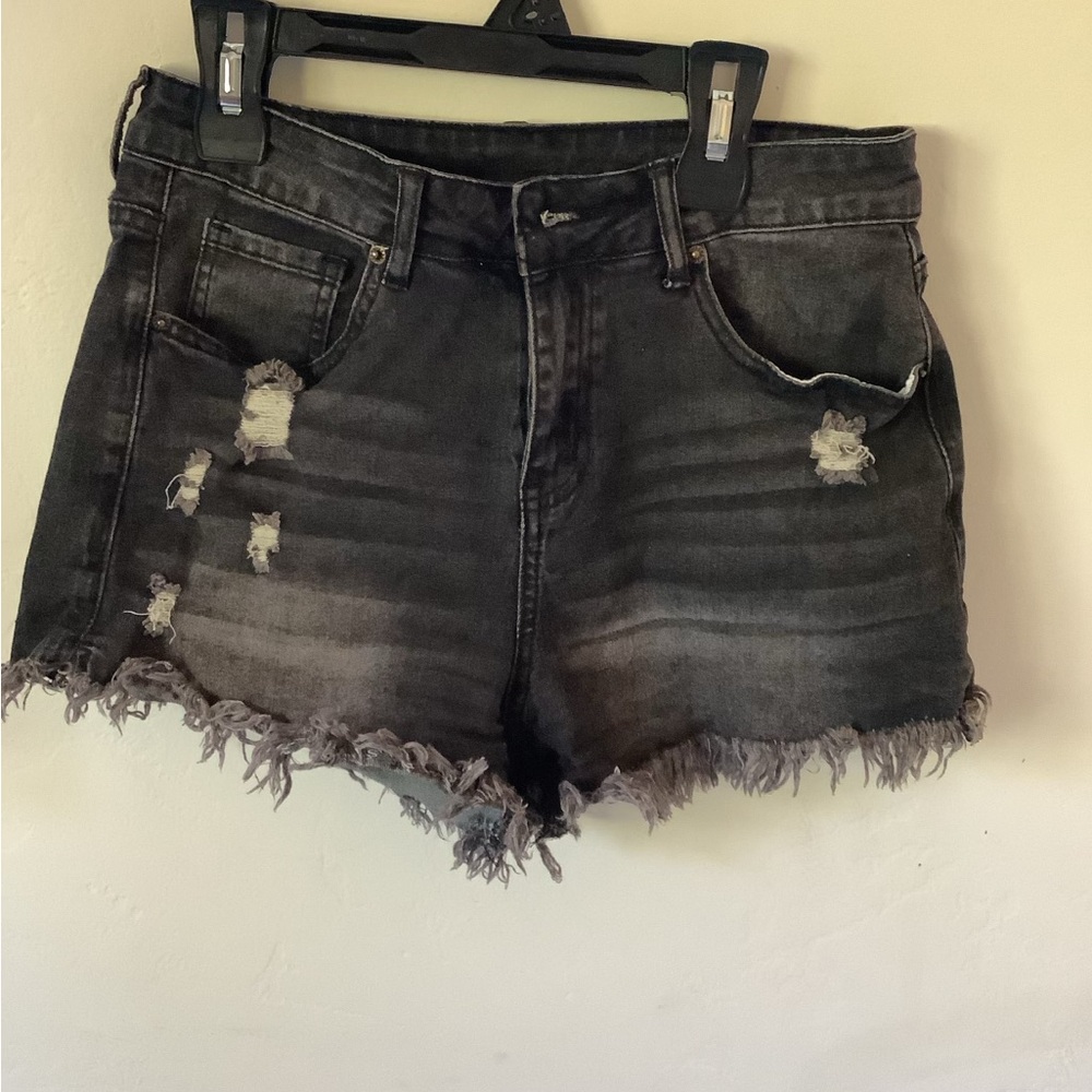 Distressed Black Denim Shorts
